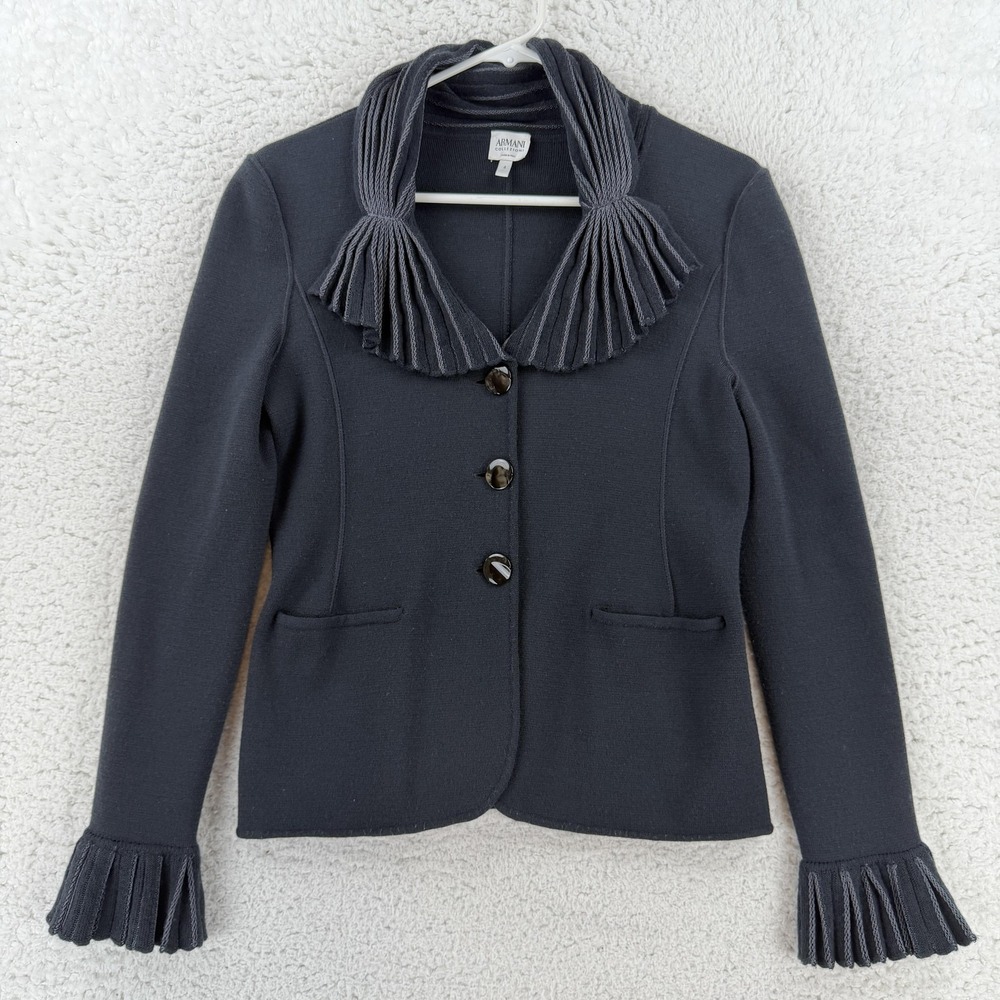 Armani Collezioni Blazer Womens 4 Gray Knit Pleated Collar Wool Jacket Italy
